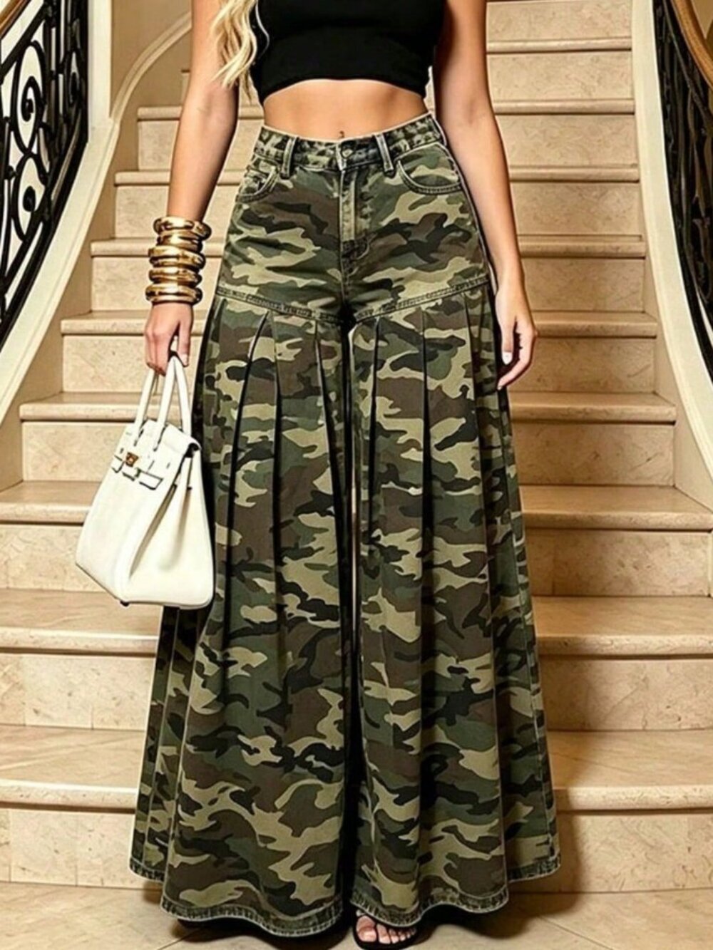 Camo Boho Women's High-Waist Flared Maxi Skirt